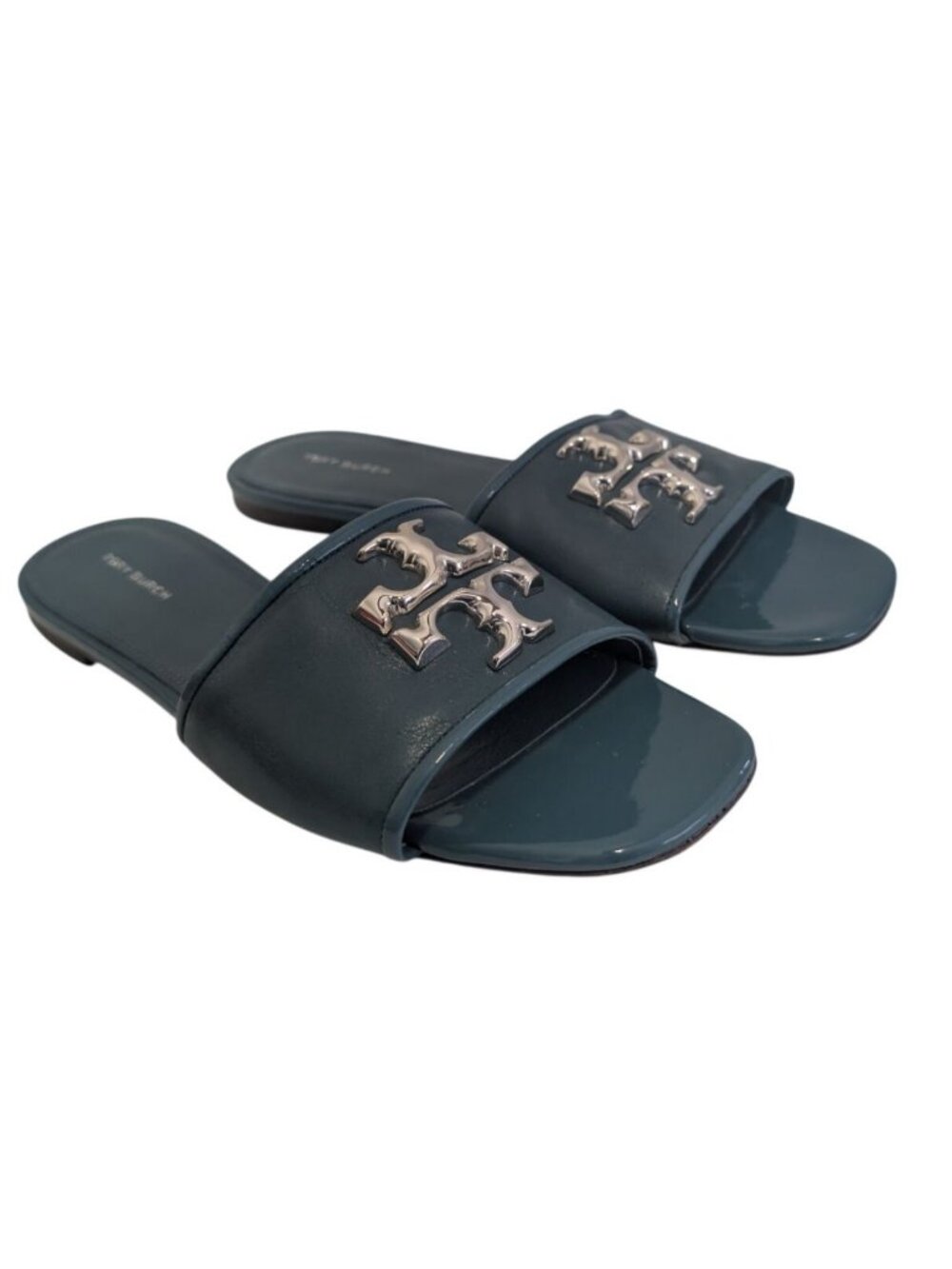 Tory Burch Eleanor Slide Sandal Brisk Blue Leather Silver Logo Womens Size 9.5